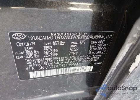 2020 Hyundai Santa Fe Sel из США, поврежденный, VIN 5NMS33AD3LH184647